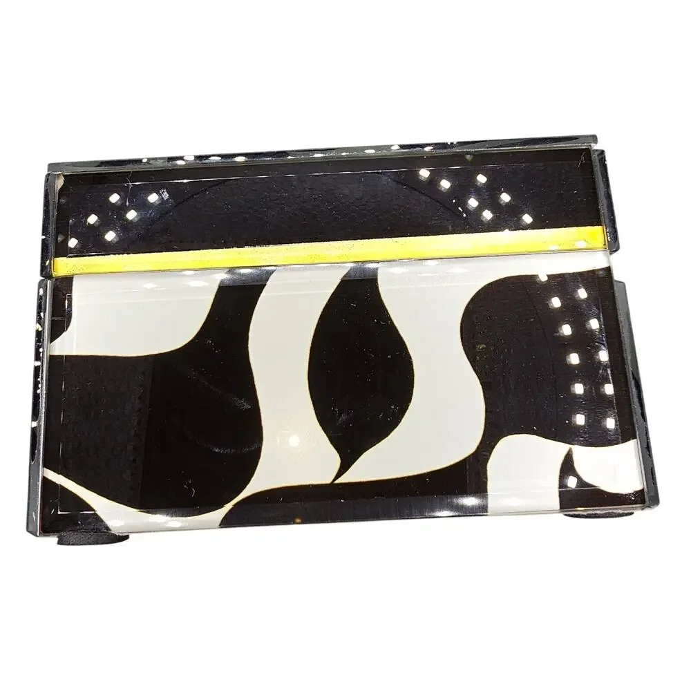 Trina Turk Mirror Print Jewelry Trinket Box Black White Wave Design Gold Trim